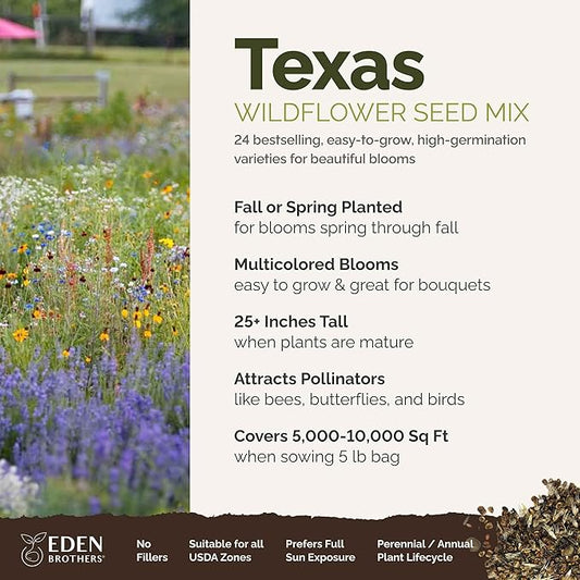 Eden Brothers Texas Wildflower Mixed Seeds for Planting, 5 lb, 2,400,000+ Seeds with Cornflower, Birds Eyes, African Daisy, Attracts Pollinators, Plant in Spring or Fall, Zones 3, 4, 5, 6, 7, 8, 9, 10