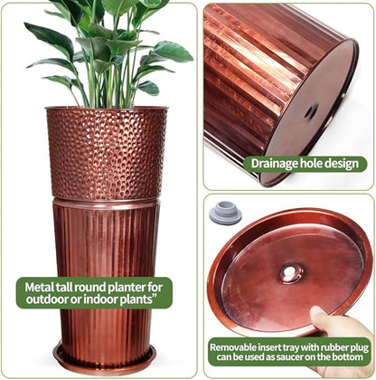 2 Pcs Pack Metal Tall Tapered Planter Pots Large Round Planter Flower Pot with Drainage Holes for Indoor Outdoor Deck Porch Garden Home Patio Front Door (Glossy Copper, Large)