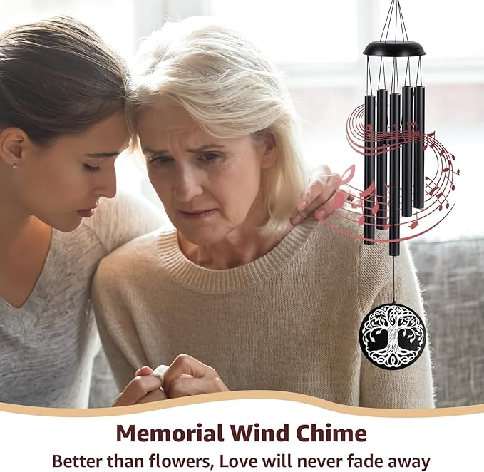 Sympathy Wind Chimes for Loss of Loved One, Memorial Windchimes for Lost Father Mother, Remembrance Bereavement Gift with Card, in Memory of Dad Mom Metal Funeral Decor for Garden Outdoor (39“ Black)