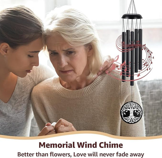 Sympathy Wind Chimes for Loss of Loved One, Memorial Windchimes for Lost Father Mother, Remembrance Bereavement Gift with Card, in Memory of Dad Mom Metal Funeral Decor for Garden Outdoor (39“ Black)