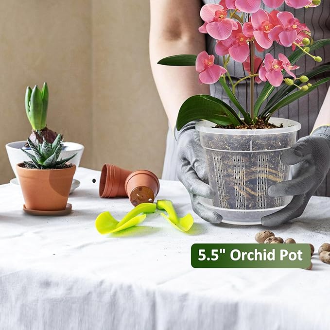 Orchid Pot with Saucers, 6 Pack 5.5" Orchid Pots with Holes and 10Pcs Plant Stakes, Clear Plastic Flower Plant Pot for Indoor Outdoor Plants(6 Pack 5.5"+ Saucers)