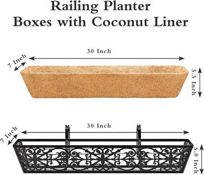 2 Pack 30 Inch Window Boxes Planters Railing Planter Box with Adjustable Brackets & Coco Liners Fabric Plant Grow Bags Deck Railing Planter Boxes Balcony Hanging Flower Box for Outdoor Plants