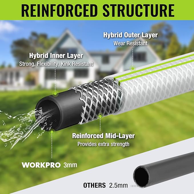 WORKPRO Garden Hose 5/8 IN x 10 FT, Heavy Duty, Flexible, Lightweight Water Hose with 360° Rotation Handle, 3/4" GHT Solid Brass Fittings, for Outdoor, Lawn, Garden & Yard, Car Wash