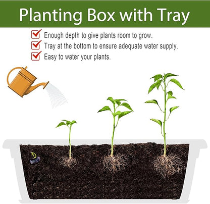 HOXHA 6 Pack Window Box Planter, 17 Inches Vegetable Flower Plastic Planter Boxes with Tray, Rectangular Planter Indoor and Outdoor Flower Pots for Windowsill, Patio, Porch, Garden Balcony, White