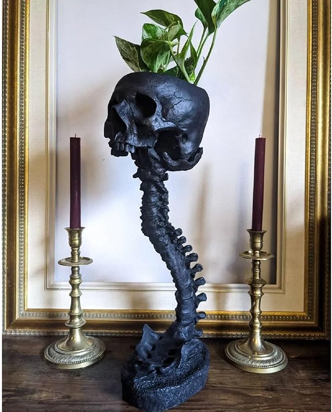 Skull Planter Gothic Skull Vase, Resin Skulls Bowl with Spine Stand Spooky Halloween Skeleton Tall Planters Centerpiece for Gothic Home Decor, Flower Pot, Candy Bowl