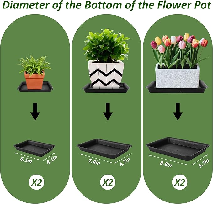6PCS Plant Saucers for Indoors - 6 8 10 Inch Plastic Plant Trays for Pots Rectangle Plant Plates to Catch Water