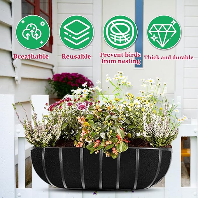4 Pack Planter Basket Liners, Trough Window Box Liners, Round Fabric Planter Liner, Durable Felt Hanging Basket Liners Replacement Coco Liner for Planters Garden Flower Vegetables (Trough 30in)