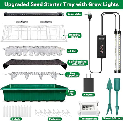 Self-Watering Seed Starter Tray with Grow Light,60-Cell Seed Starter Kit with Humidity Dome,Seed Germination Kit,User-Friendly Plant Germination Trays for Indoor Plants