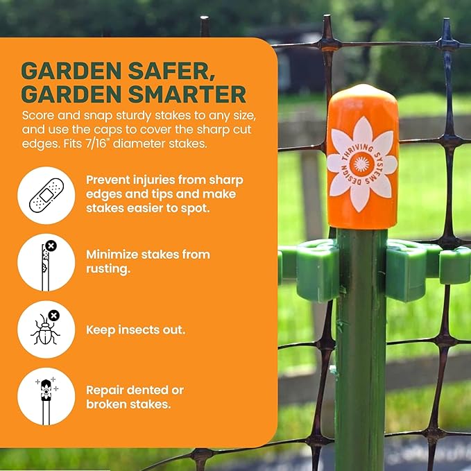 Garden Stake Safety Caps | Vinyl Covers for Sharp Stake Tips | Fits 7/16” Plant Support Stakes | Durable Gardening Caps for Plant Protection (12 Pack - Sweet Tangerine Orange)
