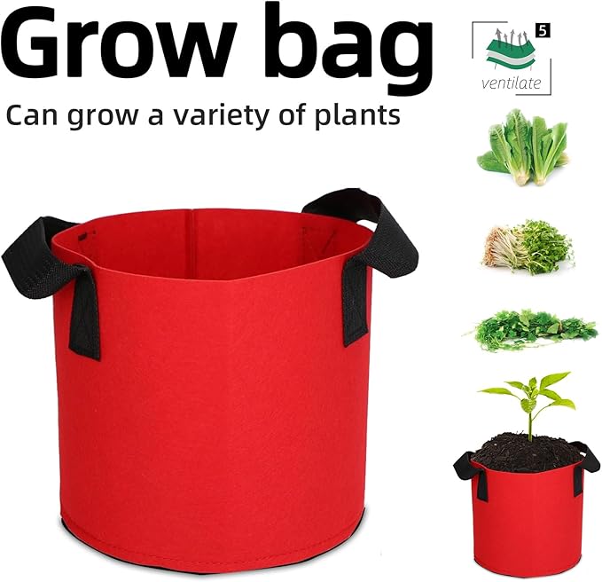 Grow Bags,Growing Pot Bags Garden Grow Bag Indoor Outdoor Fabric Aeration Plant Pot Container Flower Vegetable Pouch (Red,5 Gallon)