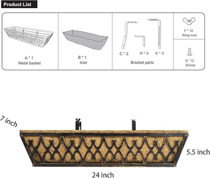 Window Boxes Planters: 2 Pack 24 Inch Railing Planter Box with Adjustable Brackets for Porch Fence Patio Balcony Hanging Flower Baskets with Coco Liners for Outdoor Garden Decor - Bronze