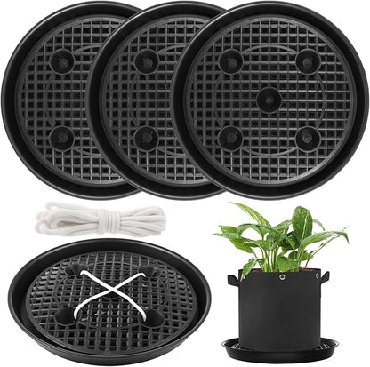 OMISTAR 4 Pack 12 Inch Round Plastic Plant Saucer, Heavy Duty Plant Pot Hole Mesh Drip Trays with Fabric Pot Base, Automatic Watering Plant Saucer for Indoor Planters Flower Pots (Black)