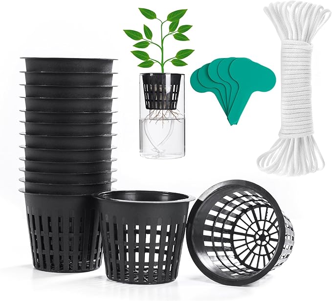 ORIMERC 50 Pack 3 inch semi Hydroponics Nursery Net Pots for Plants, Net Cups with Self Watering Rope & Plant Labels, Kratky Aquarium Plant Pot, Slotted Mesh Pots Hydroponic Baskets Growing