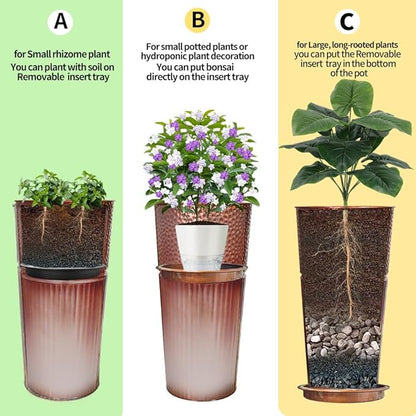 2 Pcs Pack Metal Tall Tapered Planter Pots Large Round Planter Flower Pot with Drainage Holes for Indoor Outdoor Deck Porch Garden Home Patio Front Door (Glossy Copper, Large)