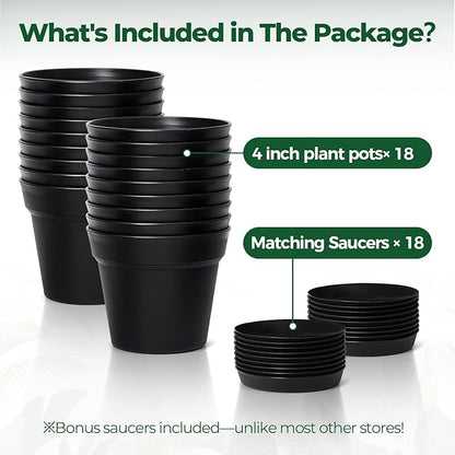 T4U 4 Inch Plant Pots 18-Pack, Small Flower Pots with Saucer and Drainage Hole, Durable Plastic Pots, Nursery Small Flower Pot Bulk for Plants, Succulent, Violet, Decorative (18 Pack 4" Pot, Black)