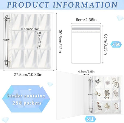 Transparent Jewelry Storage Binder Book Anti Oxidation Jewelry Zipper Bag Plastic Storage Holder Travel Earring Ear Stud Bracelet Necklace Organizer, Loose Leaf Book with 50 PVC Bags (288 Grids)