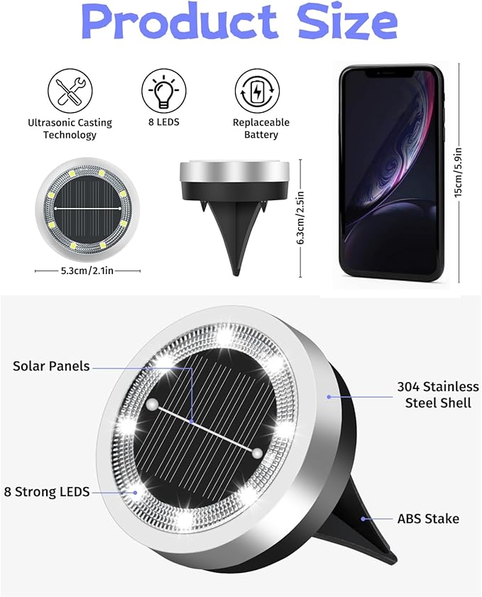 Mini Solar Ground Lights 2 Pack Outdoor IP65 Waterproof Solar Flat Garden Light Solor Powered Disc Pathway Lights for Outside Walkway Yard Landscape Patio Lawn Driveway-Cool White