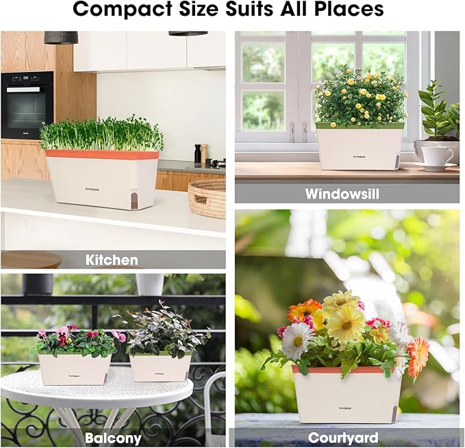 VIVOSUN Self-Watering Planters, 12-Pack 10.5 Inch Compact Rectangular Window Herb Planter Box with 10 PCS Plant Labels, Plant Container for Basil, Flowers, Succulents, Indoor & Outdoor