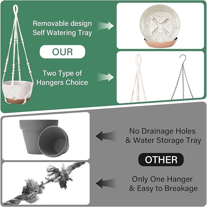 Hanging Planters for Indoor Plants, 2 Pack 10 Inch Self Watering Hanging Pots for Plants with Drainage Holes, Indoor Outdoor Hanging Flower Pots for Home Garden Ceiling Decor (White)