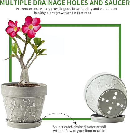 Melphoe Plant Pots Indoor with Drainage & Saucer, 2Pack 7 inch Flower Pots Outdoor Planters for Indoor Plants Garden Home Decor Cactus Succulent, Rigid Plastic (Imitation-Terracotta) Vine-Embossed