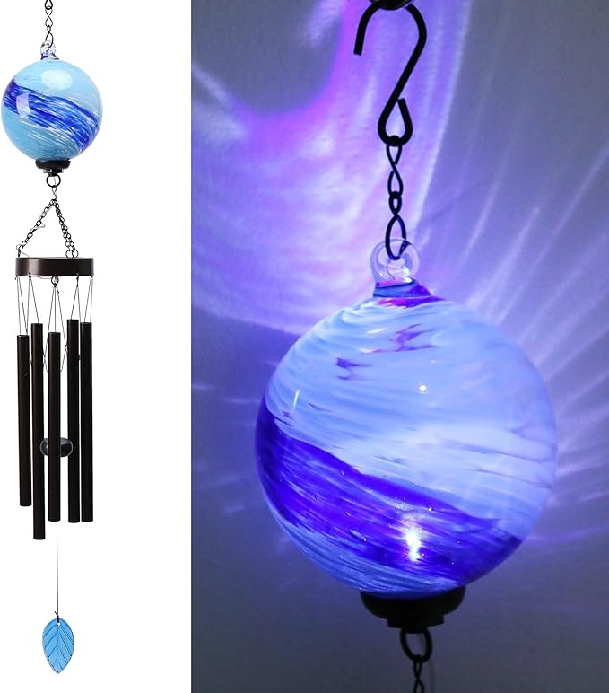 Taman Solar Wind Chime - 35" Glass Solar Lights Wind Chimes Valentine's Day Gift for Outside Deep Tone Decorative Memorial Gift for Home, Outdoor, Yard, Patio, Balcony, Garden Decor