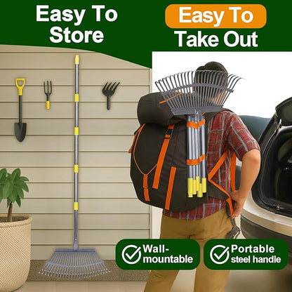 3-Piece Leaf Rake Kit – Adjustable Heavy-Duty Yard Rake with 25 Tines (36–73"), 32-Gal Tear-Resistant Bag & Leather Gloves – Fall Cleanup Set for Lawn, Shrubs & Gardens