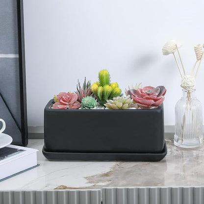 MyGift 10 Inch Matte Black Ceramic Indoor Plant Pot Succulent Planter, Decorative Flower Planter with Drainage Hole and Removable Tray