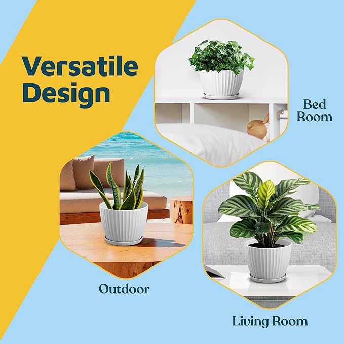 White 6-Inch Plant Pots with Drainage & Saucers 12 Pack, Indoor & Outdoor Planters for Houseplants, Herbs, and Flowers, Durable & Weatherproof Material, Stackable, Lightweight, Minimalist Design