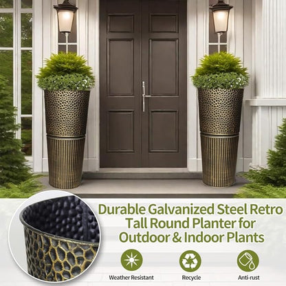 2 Pcs Pack 25 Inches Metal Tall Tapered Planter Pots Large Galvanized Steel Round Planter Flower Pot with Drainage Holes for Indoor Outdoor Deck Porch Garden Home Patio Front Door (antique bronze, M)