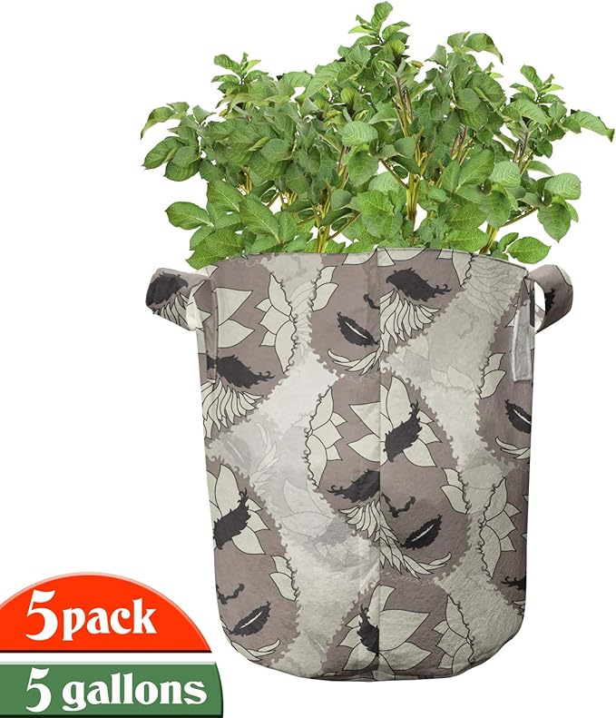 Ambesonne Camo Grow Bags 5-Pack, Pattern in Forest Colors, Heavyduty Fabric Pots with Handles for Plants, Dark Green
