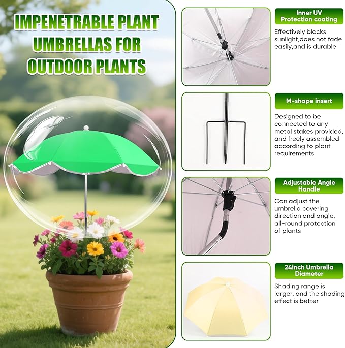Plant Umbrellas for Outdoor Plants, 25inch Plant Shades for Outdoor Plants with Durable 40'' High M-Shaped Plug for Stronger Wind Resistanc for Plants, Potted Plant, Garden Beds