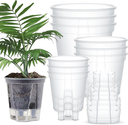 Self Watering Pots for Indoor Plants with Deep Reservoir and High Drainage Holes for Outdoor Plants and Flowers, Bare Root Planter(4.72'', 5.91'', 7.09'',Clear,9 Pcs)