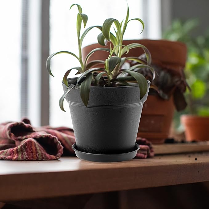 16 Pack Plastic Plant Pots with Drainage Holes and Tray, 4 inch Thickened Indoor Planters Seedlings Nursery Pots for Flowers, African Violet, Succulent and All House Plants, Black