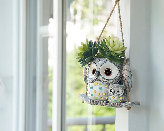 Swing Owl Hanging Planters for Indoor Plants, Cute Small Succulent Pots with Drainage Hole, Unique Resin Plant Hangers Outdoor, Hanging Plant Holder for String Of Pearls, Gift Ideas for Mother
