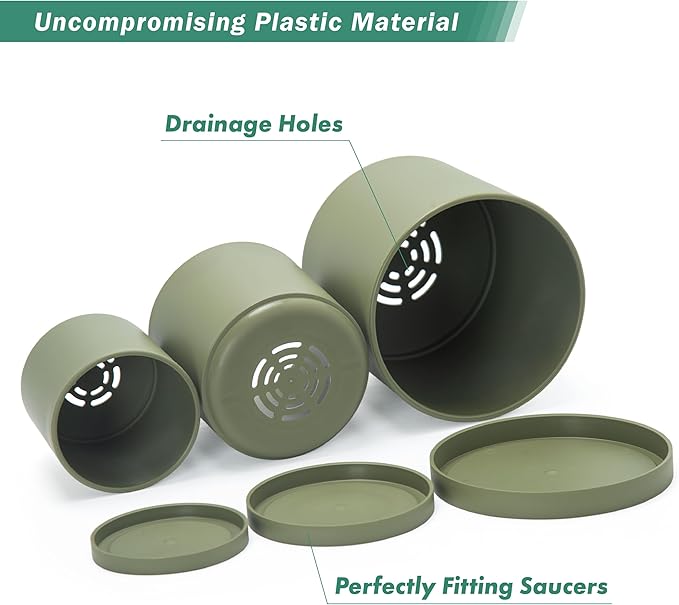 D'vine Dev 4 Inch 5 Inch 6 Inch, Set of 3 Plastic Planter Pots for Plants with Drainage Hole and Seamless Saucers, Olive, Small, 74-V-I-1