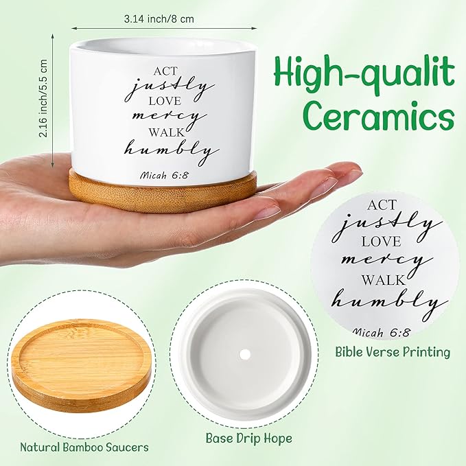 Fumete 24 Set White Bible Verse Succulent Pots with Drainage 3.15" Mini Ceramic Flower Planter Pot with Bamboo Tray Small Plant Pots Christian for Friends Family, Plants Not Included