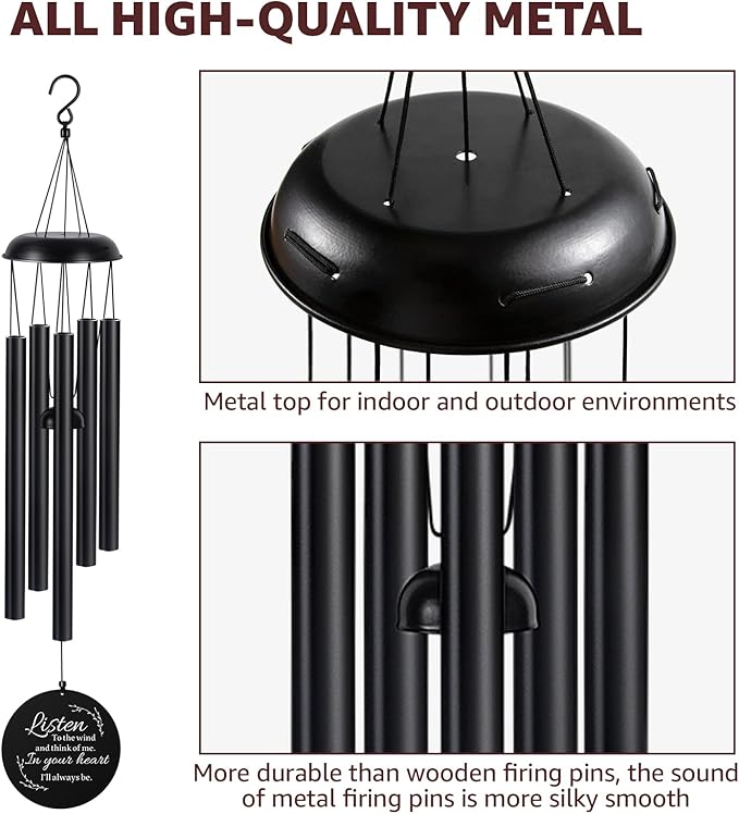 Sympathy Wind Chimes for Loss of Loved One, Memorial Windchimes for Lost Father Mother, Remembrance Bereavement Gift with Card, in Memory of Dad Mom Metal Funeral Decor for Garden Outdoor (39“ Black)