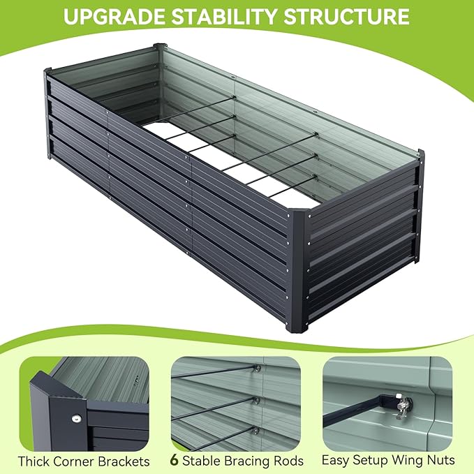Ohuhu Metal Raised Garden Bed Outdoor 8x3x1.5 FT Reinforced Galvanized Rustproof Colored Steel Planter Boxes for Vegetables, Heavy Duty Raised Beds for Growing Flowers Herbs Succulents 2-Pack