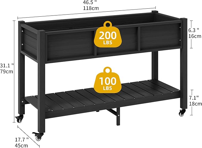 DWVO 47x18x3in Raised Garden Bed Outdoor HDPE with Legs and Lockable Wheels, Weather-Resistant Poly-Wood Elevated Planter Box, Double Tier Planters for Backyard Patio Balcony, Black