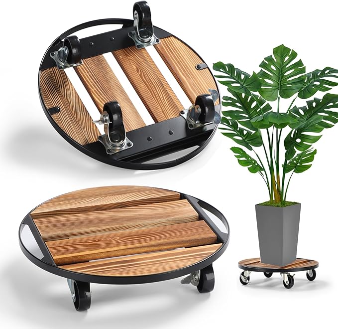 2 Pack Plant Stand with Wheels, 14" Rolling Plant Caddy 264 LB Heavy Duty, Iron and Wood Round Plant Dolly with Metal 360° Lockable Caster Wheels for Outdoor Indoor Large Plant Pots, Flower Pot, Patio