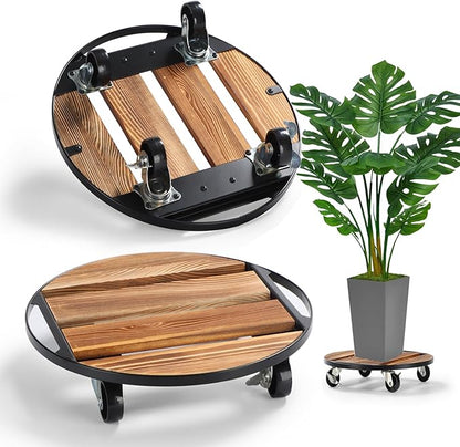 2 Pack Plant Stand with Wheels, 14" Rolling Plant Caddy 264 LB Heavy Duty, Iron and Wood Round Plant Dolly with Metal 360° Lockable Caster Wheels for Outdoor Indoor Large Plant Pots, Flower Pot, Patio