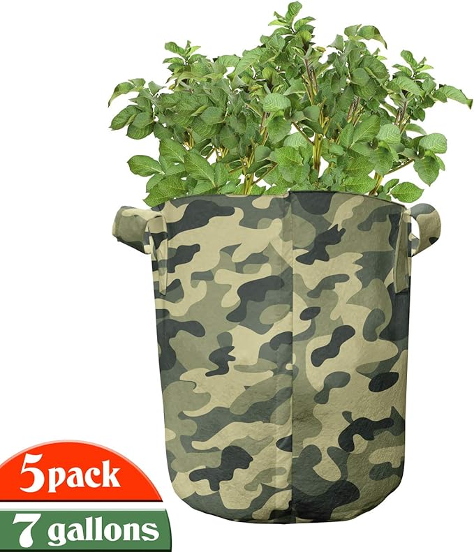 Ambesonne Camouflage Grow Bags 5-Pack, Pale Clothing Motif, Heavyduty Fabric Pots with Handles for Plants, Yellow Green