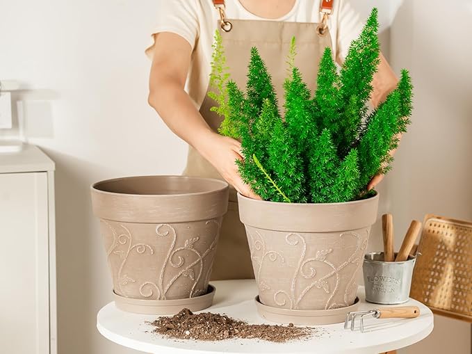 Melphoe Plant Pots Indoor with Drainage & Saucer, 2Pack 10 inch Flower Pots Outdoor Planters for Indoor Plants Garden Home Decor Cactus Succulent, Rigid Plastic (Imitation-Terracotta) Vine-Embossed