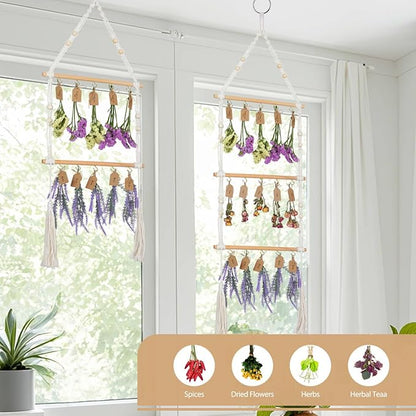 3-Tier Hanging Herb Drying Rack – Includes 30 Brown Gift Tags & 32ft Natural Jute Twine – Handwoven Boho Style Plant Hanger for Drying Herbs, Flowers, Sage – 47" Tall, Home Décor & Gift Idea
