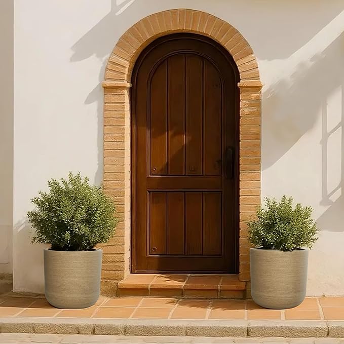 11 inch Plant Pot, Lightweight Weather & UV Resistant Plastic Plant Pot with Drainage Hole & Rubber Plug,Indoor Outdoor Pot for Palnts, Sandy Brushed Wood Texture Flower Planter for Home, Garden
