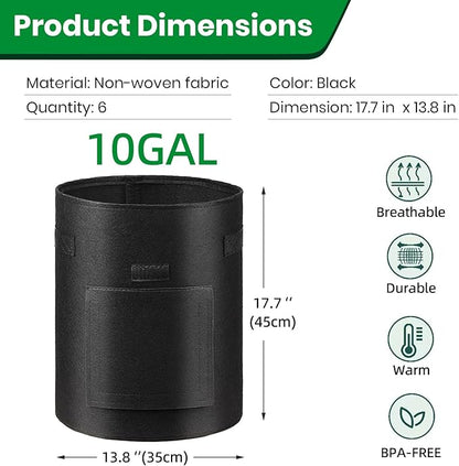 6 Pack Potato Grow Bags, 10 Gallon Planting Bags Large Fabric Pots with Flap Window Vegetable Planter Garden Pot Tall Potato Growing Containers with Handles for Vegetables, Fruits and More, Black