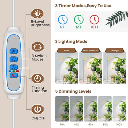Grow Lights for Indoor Plants, Full Spectrum Plant Lights for Indoor Growing with 6/12/16H Timer, 3 Optional Spectrums,5 Dimmable Levels, Height Adjustable 9.8"-37.4" Wood Grain Desk Grow Lamp