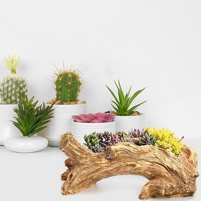 Hiceeden Artificial Driftwood Succulent Planter, Resin Tree Stump Sculpture Rustic Cactus Flower Pot for Herb, Strawberry, Small Plants, Natural Color Drainage Hole, 14.6" L x 4.3" W x 5.1" H
