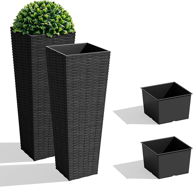 JUMMICO Set of 2 Resin Rattan Tall Planters for Outdoor Plants, Large Tapered Planters with Drainage Holes&Inner Trays, Flower Pots for Garden, Patio, Porch, Backyard (Black, 24'')