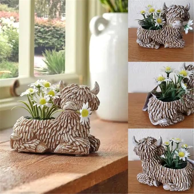 Highland Cow Planter for Outdoor Plants, Cute Scottish Highland Cow Decor Flower Pot,Resin Highland Cow Figurines Succulent Pots,Highland Cow Succulent Planters,Highland Cow Gifts for Women Men Kids